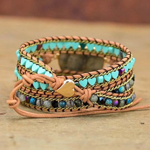 Heart Labradorite Hematite Bohemian Handmade Healing Chakra Women Bracelet Gifts - Picture 3 of 4